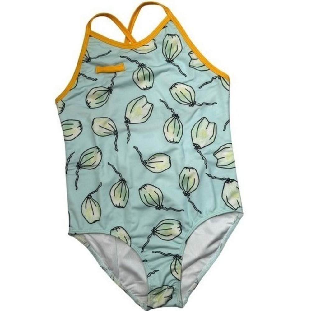 King of Redonda Girls One Piece Swimsuit Size 8 Aqua Yellow Cross Back NWT